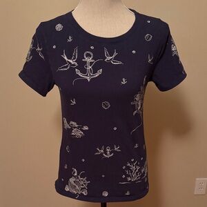 J. Crew Dark Blue Nautical Embroidered Tee